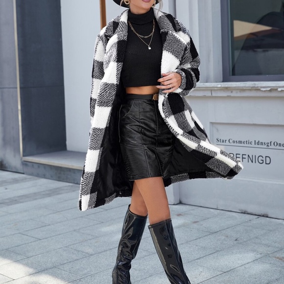 Cozy plaid Open Front Teddy Trench Coat Jacket - Picture 2 of 5